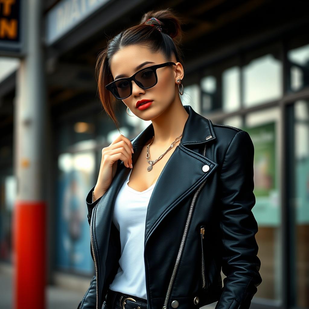 A stylish black short jacket with a contemporary design, featuring a fitted silhouette, and intricate stitching detail