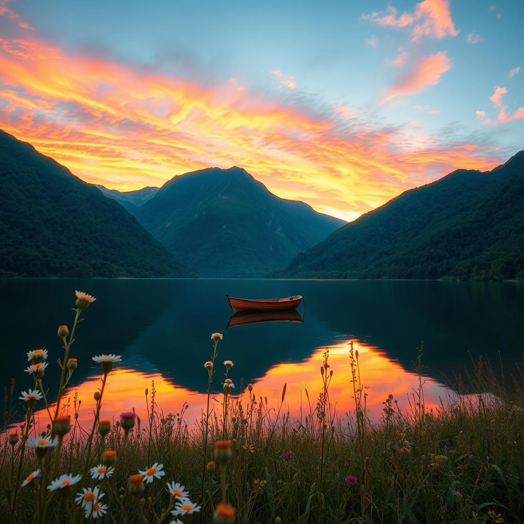 A serene landscape featuring a tranquil lake surrounded by lush green mountains, with a stunning sunset casting vibrant orange and pink hues over the sky