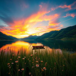 A serene landscape featuring a tranquil lake surrounded by lush green mountains, with a stunning sunset casting vibrant orange and pink hues over the sky