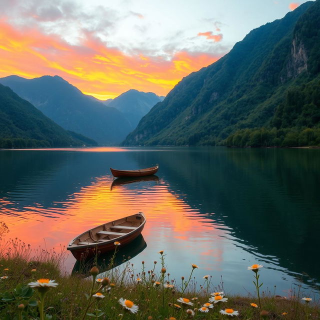 A serene landscape featuring a tranquil lake surrounded by lush green mountains, with a stunning sunset casting vibrant orange and pink hues over the sky