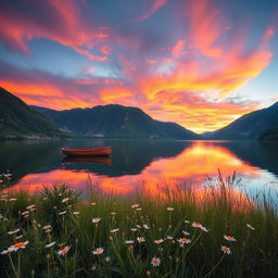 A serene landscape featuring a tranquil lake surrounded by lush green mountains, with a stunning sunset casting vibrant orange and pink hues over the sky