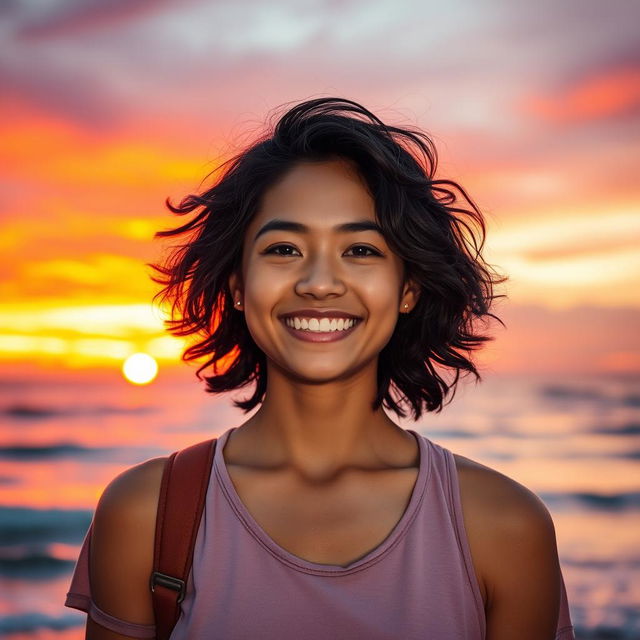 A stunning portrait of an individual standing confidently against a vibrant sunset backdrop, with warm hues of orange, pink, and purple illuminating the sky