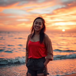 A stunning portrait of an individual standing confidently against a vibrant sunset backdrop, with warm hues of orange, pink, and purple illuminating the sky