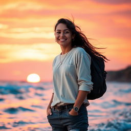 A stunning portrait of an individual standing confidently against a vibrant sunset backdrop, with warm hues of orange, pink, and purple illuminating the sky