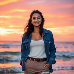 A stunning portrait of an individual standing confidently against a vibrant sunset backdrop, with warm hues of orange, pink, and purple illuminating the sky