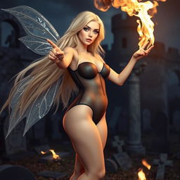 A beautiful, sexy, and sweet fairy with long, flowing blonde hair and shimmering silver wings, poised in a cemetery outside a gothic castle moat at midnight