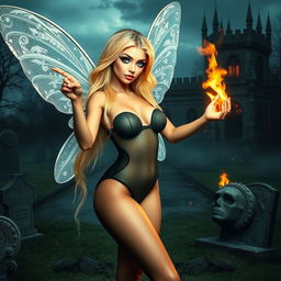 A beautiful, sexy, and sweet fairy with long, flowing blonde hair and shimmering silver wings, poised in a cemetery outside a gothic castle moat at midnight