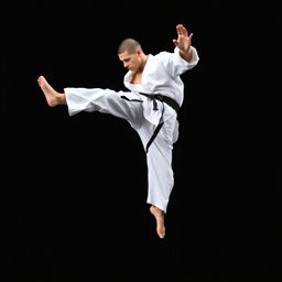 A professional karate practitioner performing a dynamic kick technique in mid-air