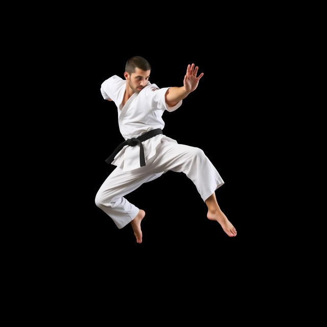 A professional karate practitioner performing a dynamic kick technique in mid-air