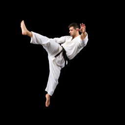 A professional karate practitioner performing a dynamic kick technique in mid-air