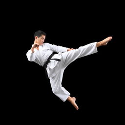 A professional karate practitioner performing a dynamic kick technique in mid-air