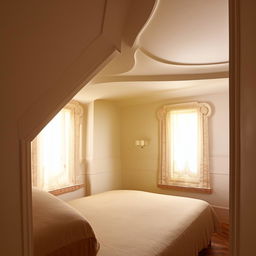 An oddly-shaped room designed in a neoclassical style, featuring a cozy bedroom set. The room has a single, small window allowing soft, natural light to filter in.