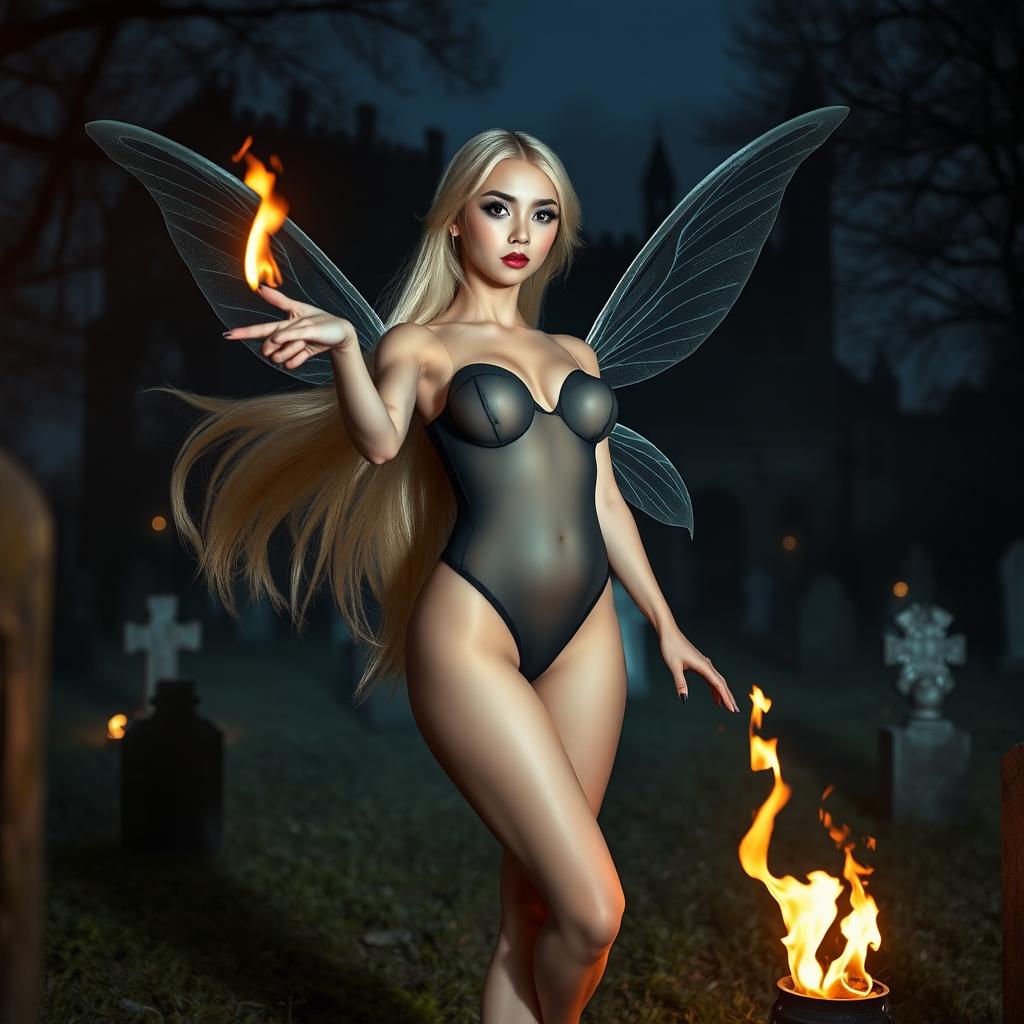 A full-length photographic image of a beautiful, sexy, and sweet fairy with long, flowing blonde hair and delicate silver wings, standing in a cemetery outside a gothic castle moat at midnight