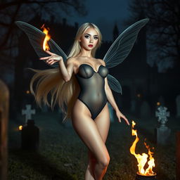 A full-length photographic image of a beautiful, sexy, and sweet fairy with long, flowing blonde hair and delicate silver wings, standing in a cemetery outside a gothic castle moat at midnight