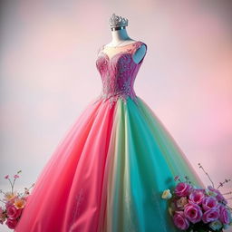 An elegant photo studio setup featuring a stunning quinceañera gown in vibrant colors, adorned with intricate lace and sparkling embellishments
