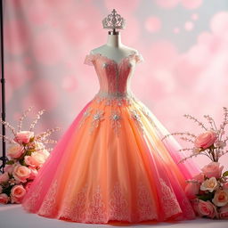 An elegant photo studio setup featuring a stunning quinceañera gown in vibrant colors, adorned with intricate lace and sparkling embellishments