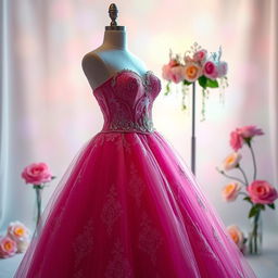 An elegant photo studio setup featuring a stunning quinceañera gown in vibrant colors, adorned with intricate lace and sparkling embellishments