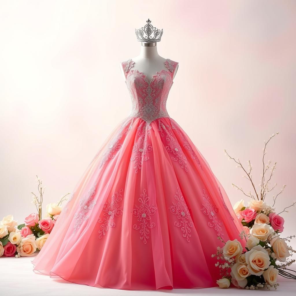 An elegant photo studio setup featuring a stunning quinceañera gown in vibrant colors, adorned with intricate lace and sparkling embellishments