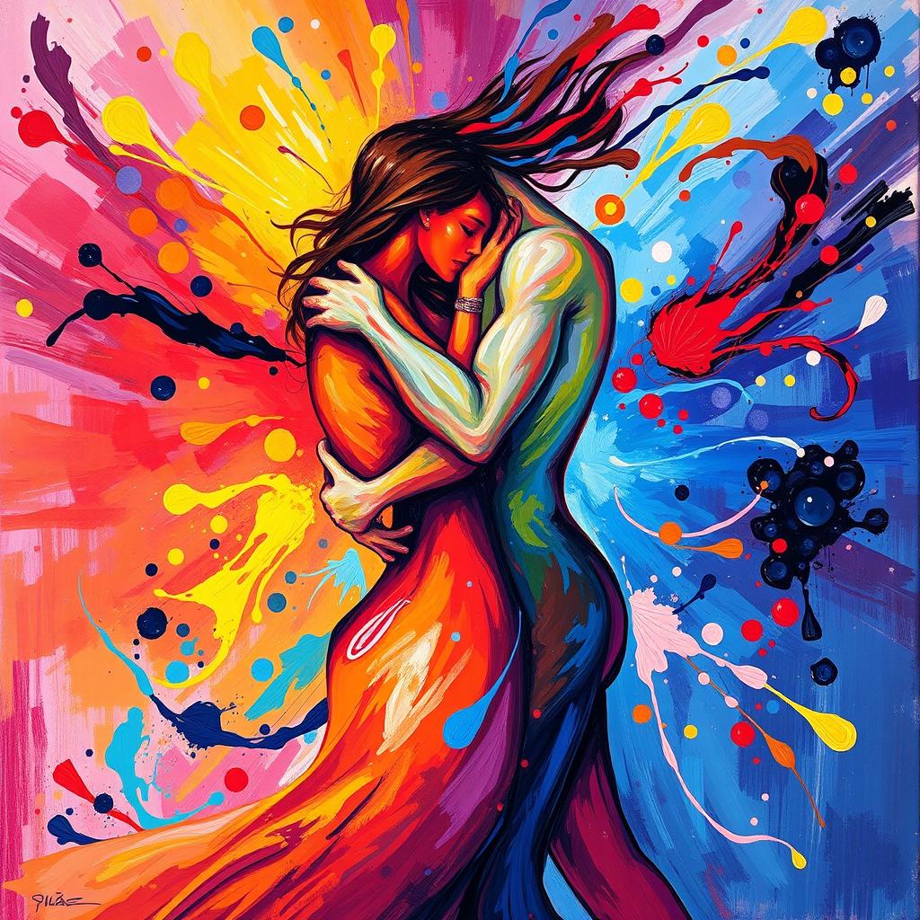 A vibrant and expressive scene depicting two abstract figures intertwined in a passionate embrace, surrounded by a whirlwind of colorful splashes representing emotions and energy