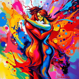 A vibrant and expressive scene depicting two abstract figures intertwined in a passionate embrace, surrounded by a whirlwind of colorful splashes representing emotions and energy