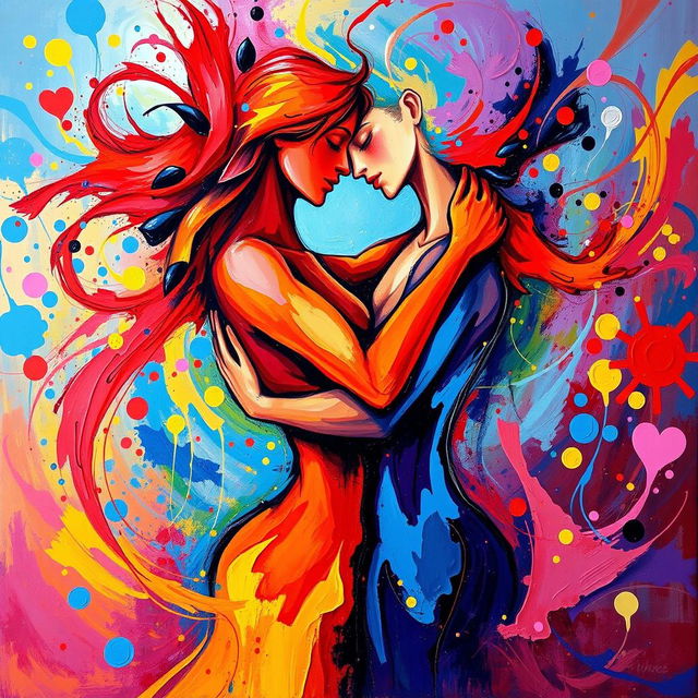 A vibrant and expressive scene depicting two abstract figures intertwined in a passionate embrace, surrounded by a whirlwind of colorful splashes representing emotions and energy