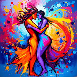 A vibrant and expressive scene depicting two abstract figures intertwined in a passionate embrace, surrounded by a whirlwind of colorful splashes representing emotions and energy