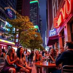 A dynamic street scene featuring energetic urban life, with vibrant neon lights illuminating the area
