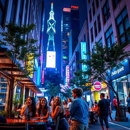 A dynamic street scene featuring energetic urban life, with vibrant neon lights illuminating the area