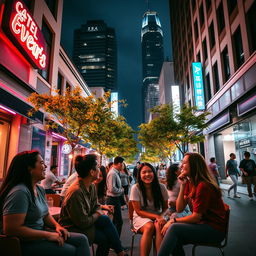 A dynamic street scene featuring energetic urban life, with vibrant neon lights illuminating the area