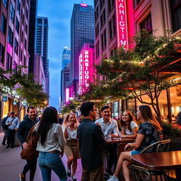 A dynamic street scene featuring energetic urban life, with vibrant neon lights illuminating the area