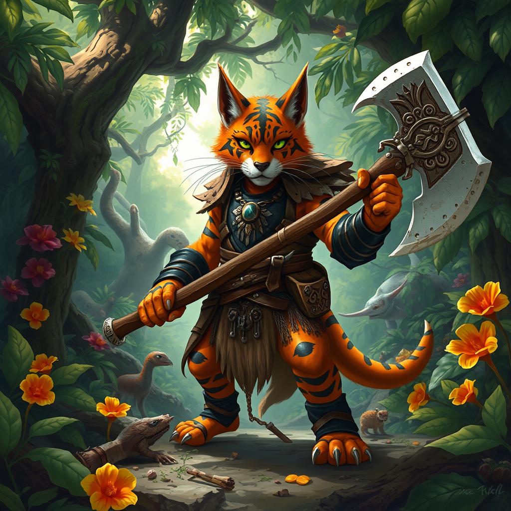 A fierce Tabaxi barbarian standing in a dense, mystical jungle