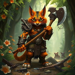A fierce Tabaxi barbarian standing in a dense, mystical jungle