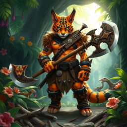 A fierce Tabaxi barbarian standing in a dense, mystical jungle