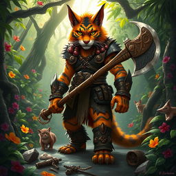 A fierce Tabaxi barbarian standing in a dense, mystical jungle