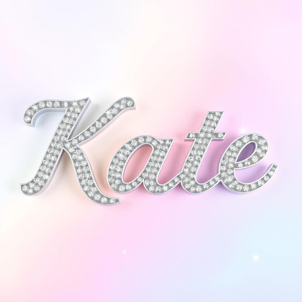 A sparkly, jeweled silver word "Kate" presented in an elegant, cursive font, reminiscent of a glamorous, romantic wedding invitation