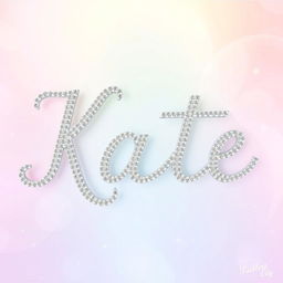 A sparkly, jeweled silver word "Kate" presented in an elegant, cursive font, reminiscent of a glamorous, romantic wedding invitation