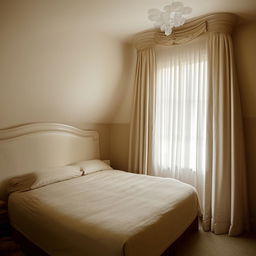 An oddly-shaped room designed in a neoclassical style, featuring a cozy bedroom set. The room has a single, small window allowing soft, natural light to filter in.