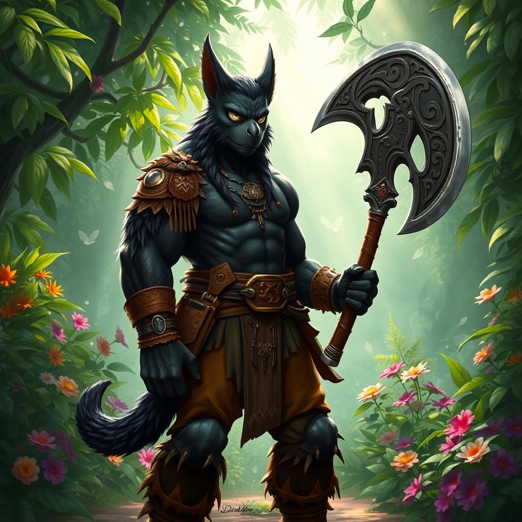 A powerful Tabaxi barbarian with sleek black fur and striking white eyes, standing confidently in a vibrant jungle setting