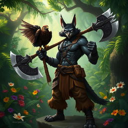 A powerful Tabaxi barbarian with sleek black fur and striking white eyes, standing confidently in a vibrant jungle setting