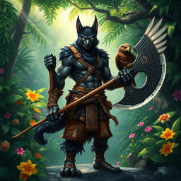 A powerful Tabaxi barbarian with sleek black fur and striking white eyes, standing confidently in a vibrant jungle setting