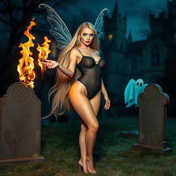 A full-length photographic image of a beautiful, sexy, and sweet fairy with long, flowing blonde hair and shimmering silver wings, standing gracefully in a cemetery outside a gothic castle moat at midnight