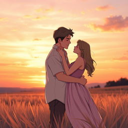 A romantic scene featuring two adult figures embracing each other closely, their bodies touching tenderly