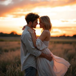 A romantic scene featuring two adult figures embracing each other closely, their bodies touching tenderly