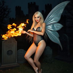 A full-length photographic image of a sexy, sweet, and innocent fairy with long, flowing blonde hair and shimmering silver wings, standing gracefully in a cemetery outside a gothic castle moat at midnight