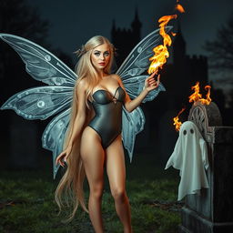 A full-length photographic image of a sexy, sweet, and innocent fairy with long, flowing blonde hair and shimmering silver wings, standing gracefully in a cemetery outside a gothic castle moat at midnight