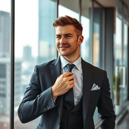 A stylish man in a modern office environment, taking off his tie with a confident expression