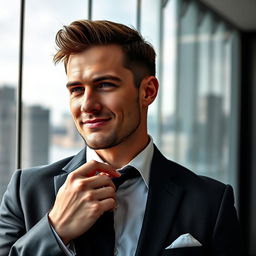 A stylish man in a modern office environment, taking off his tie with a confident expression