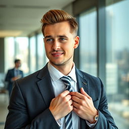 A stylish man in a modern office environment, taking off his tie with a confident expression