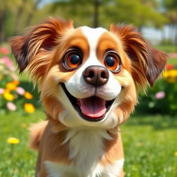 A playful and cute dog with an oversized head, featuring large expressive eyes and a wide, happy smile