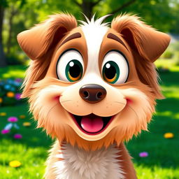 A playful and cute dog with an oversized head, featuring large expressive eyes and a wide, happy smile